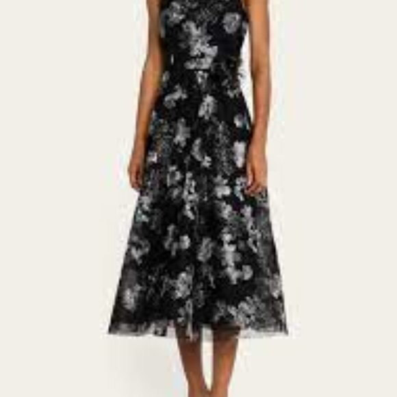 Rickie Freeman Teri John black silver metallic applique tulle midi dress size 4 - Picture 9 of 9